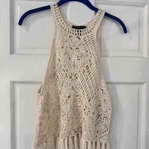 Boho Crochet Fringe Tank | Cream | Open Knit | Festival Beach Top | Size S